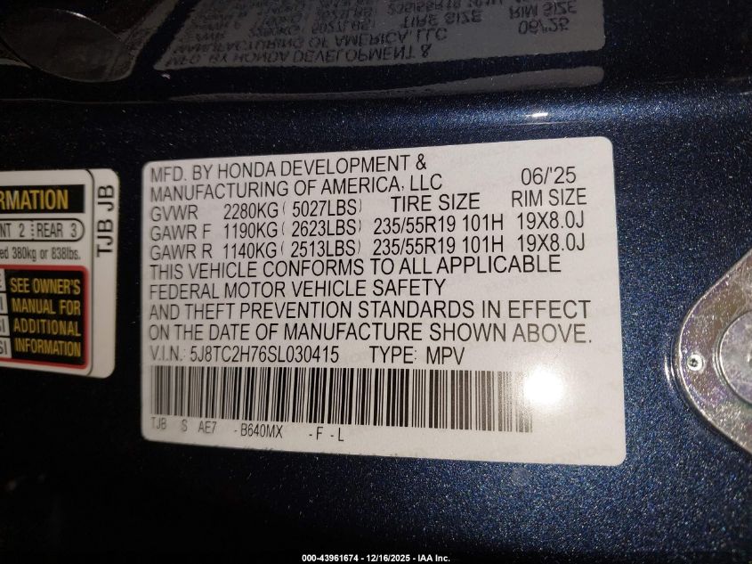 2025 Acura Rdx Advance Package VIN: 5J8TC2H76SL030415 Lot: 43961674