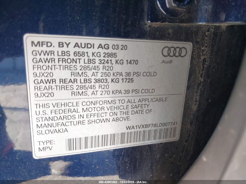 2020 Audi Q7 Prestige 55 Tfsi Quattro Tiptronic VIN: WA1VXBF78LD007741 Lot: 43961682