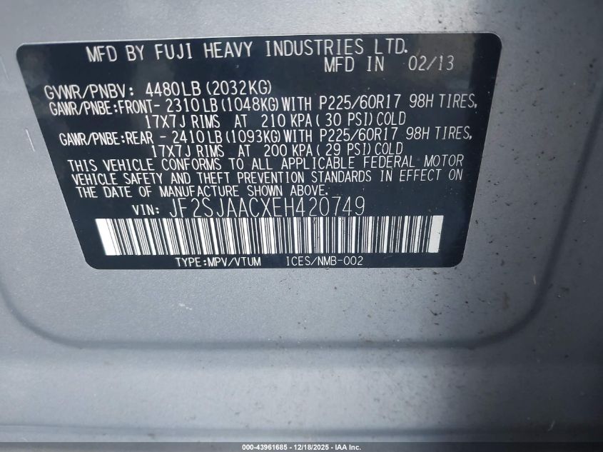 2014 Subaru Forester 2.5I VIN: JF2SJAACXEH420749 Lot: 43961685