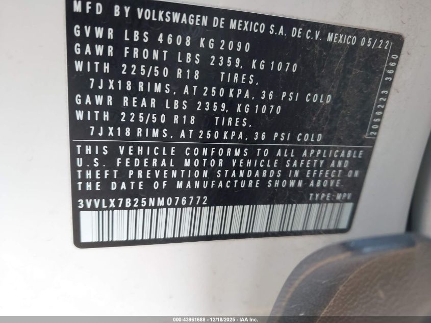 2022 Volkswagen Taos 1.5T Se VIN: 3VVLX7B25NM076772 Lot: 43961688