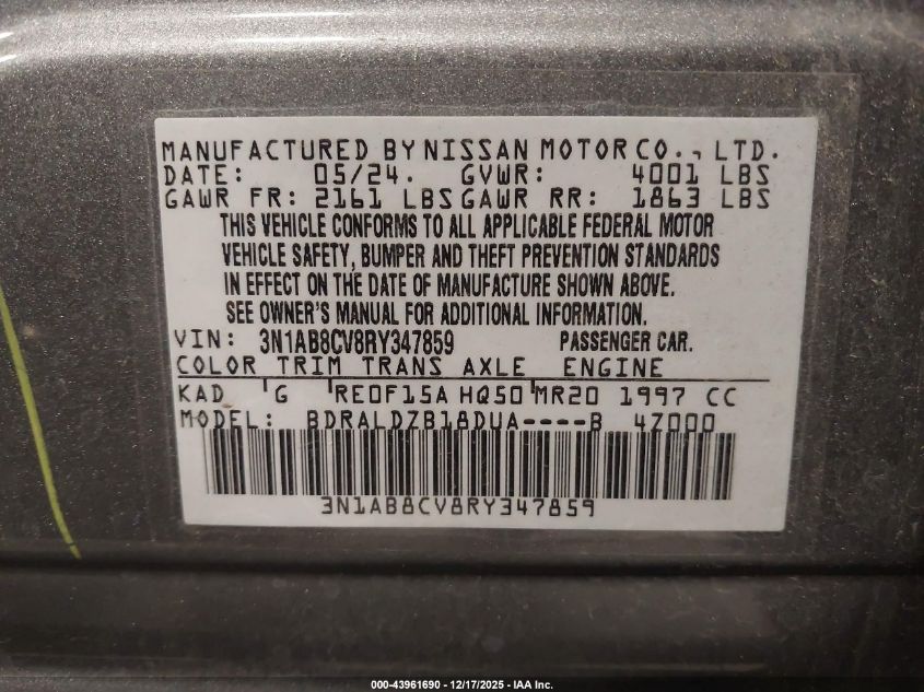 2024 Nissan Sentra Sv Xtronic Cvt VIN: 3N1AB8CV8RY347859 Lot: 43961690