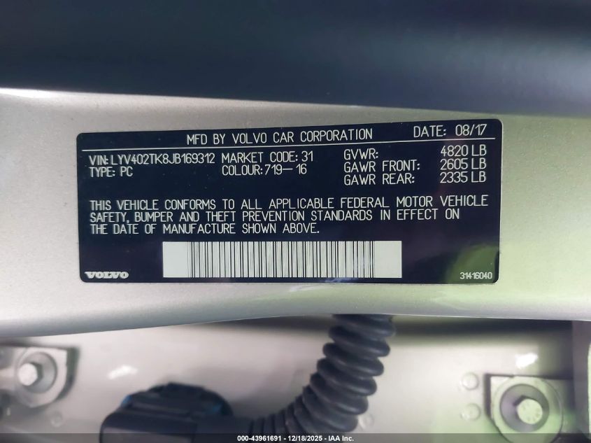 2018 Volvo S60 Inscription T5 VIN: LYV402TK8JB169312 Lot: 43961691