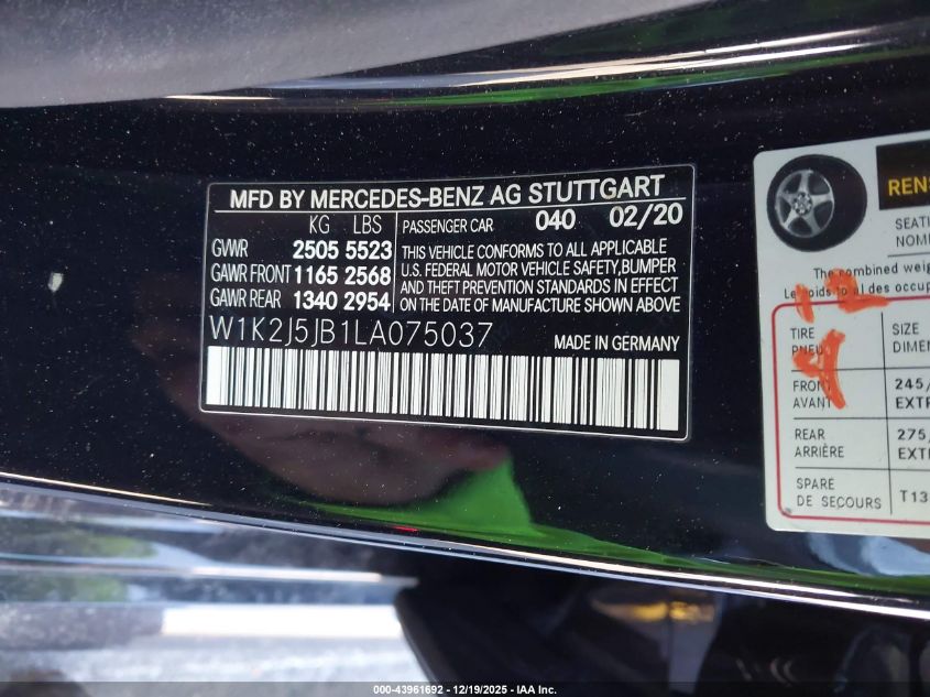 2020 Mercedes-Benz Cls 450 VIN: W1K2J5JB1LA075037 Lot: 43961692