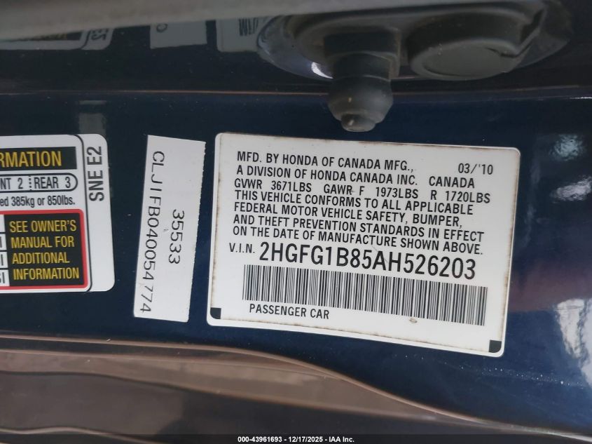 2010 Honda Civic Ex VIN: 2HGFG1B85AH526203 Lot: 43961693
