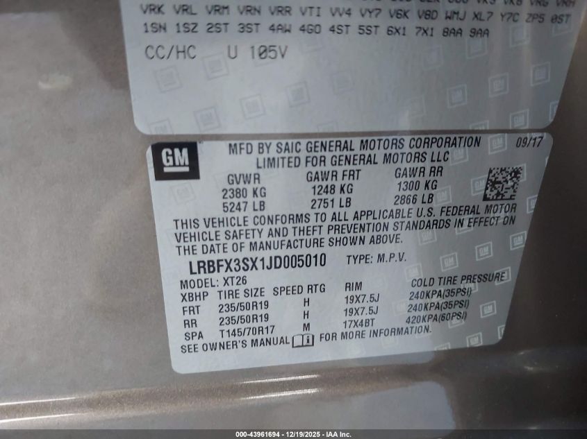 2018 Buick Envision Premium I VIN: LRBFX3SX1JD005010 Lot: 43961694