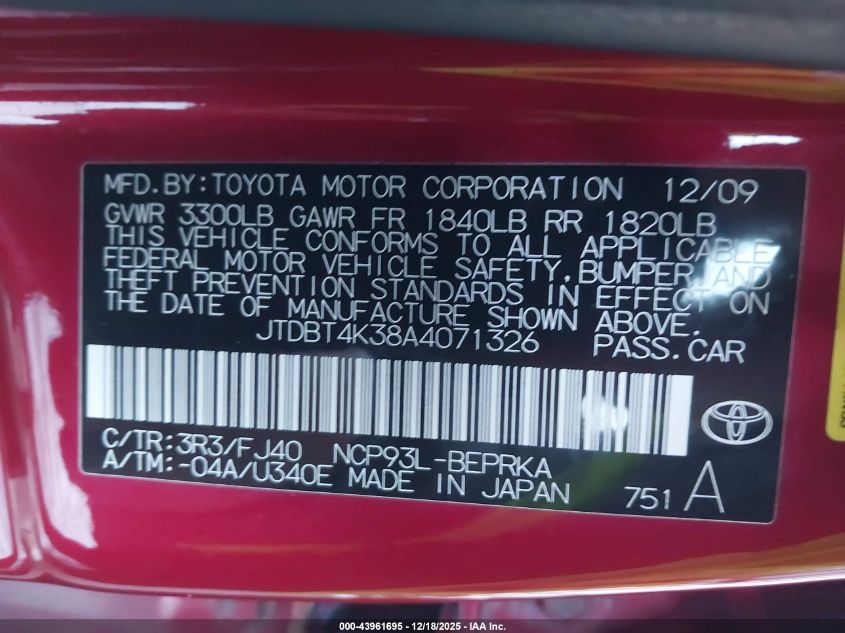 2010 Toyota Yaris VIN: JTDBT4K38A4071326 Lot: 43961695