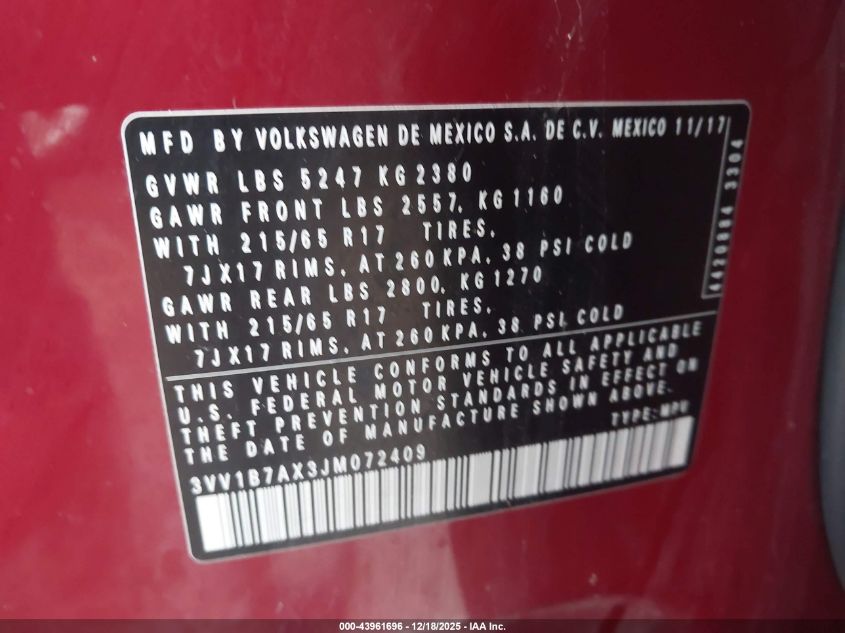 2018 Volkswagen Tiguan 2.0T S VIN: 3VV1B7AX3JM072409 Lot: 43961696