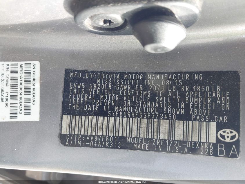 2016 Toyota Corolla Le VIN: 5YFBURHE6GP373450 Lot: 43961698