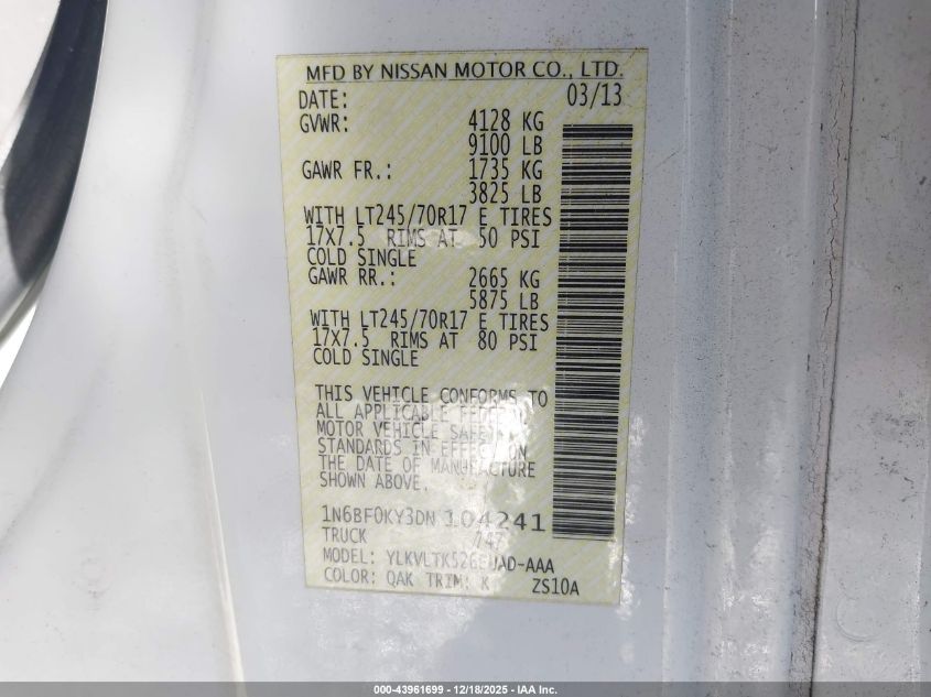 2013 Nissan Nv Cargo Nv2500 Hd Sv V6 VIN: 1N6BF0KY3DN104241 Lot: 43961699