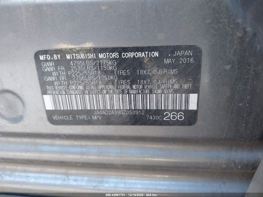 2016 Mitsubishi Outlander Es VIN: JA4AD2A39GZ050912 Lot: 43961701