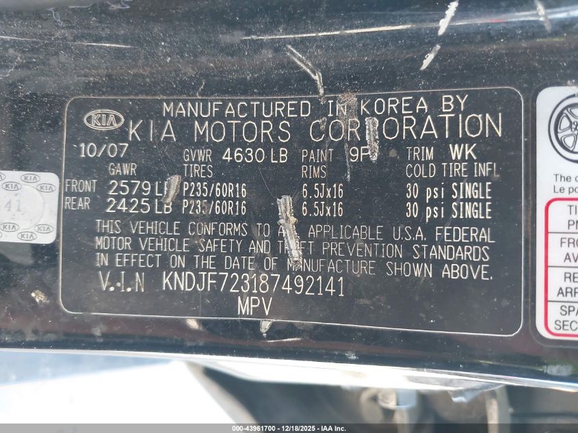 2008 Kia Sportage Ex V6 VIN: KNDJF723187492141 Lot: 43961700