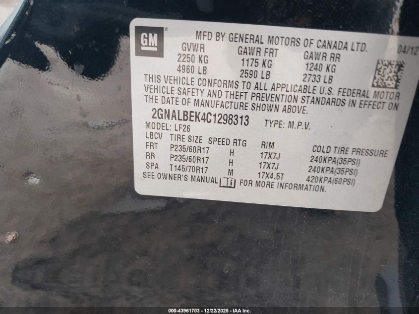 2012 Chevrolet Equinox Ls VIN: 2GNALBEK4C1298313 Lot: 43961703