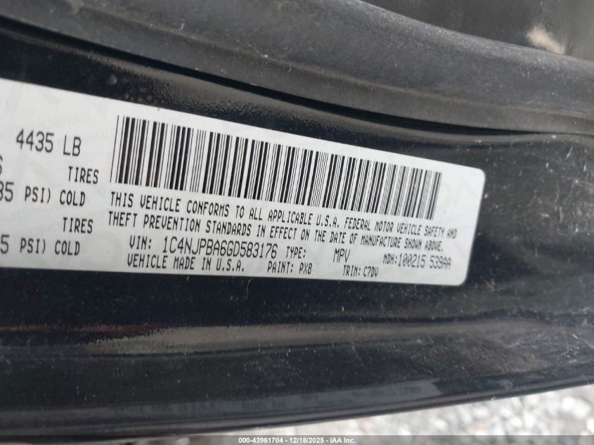 2016 Jeep Patriot Sport VIN: 1C4NJPBA6GD583176 Lot: 43961704