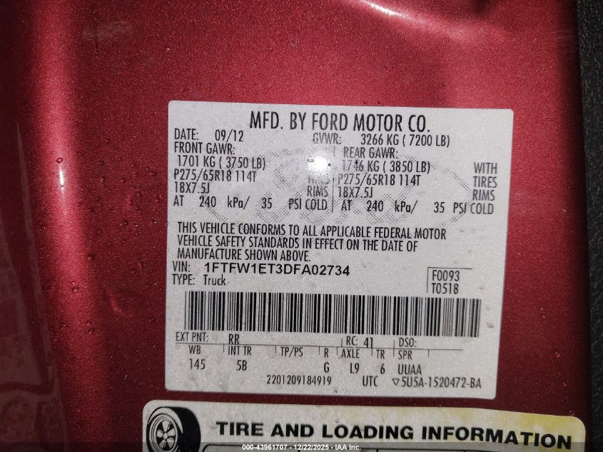 2013 Ford F-150 Fx4 VIN: 1FTFW1ET3DFA02734 Lot: 43961707