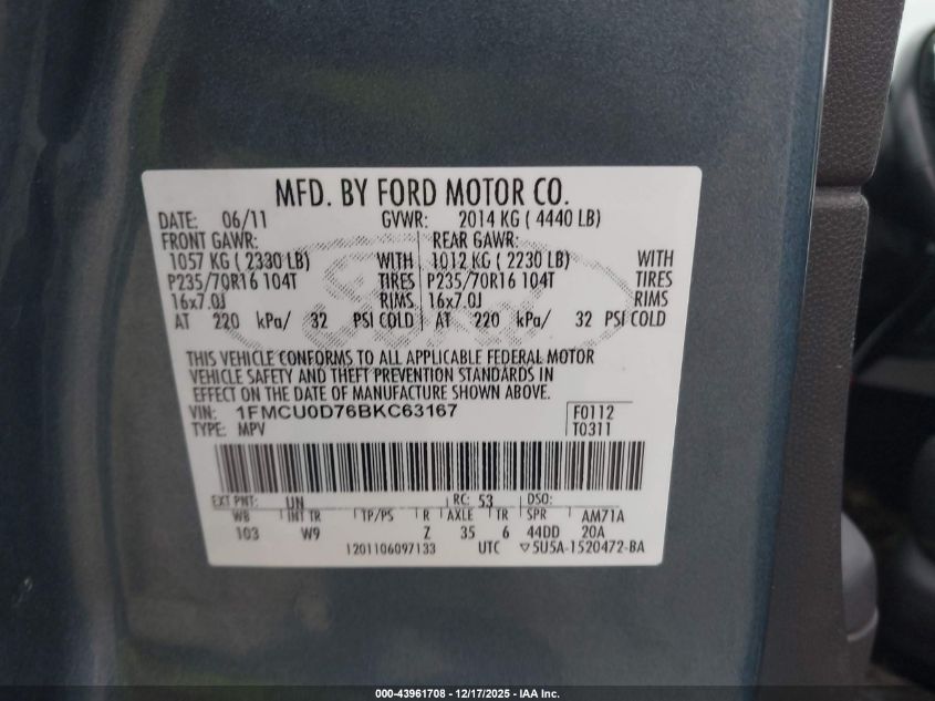 2011 Ford Escape Xlt VIN: 1FMCU0D76BKC63167 Lot: 43961708