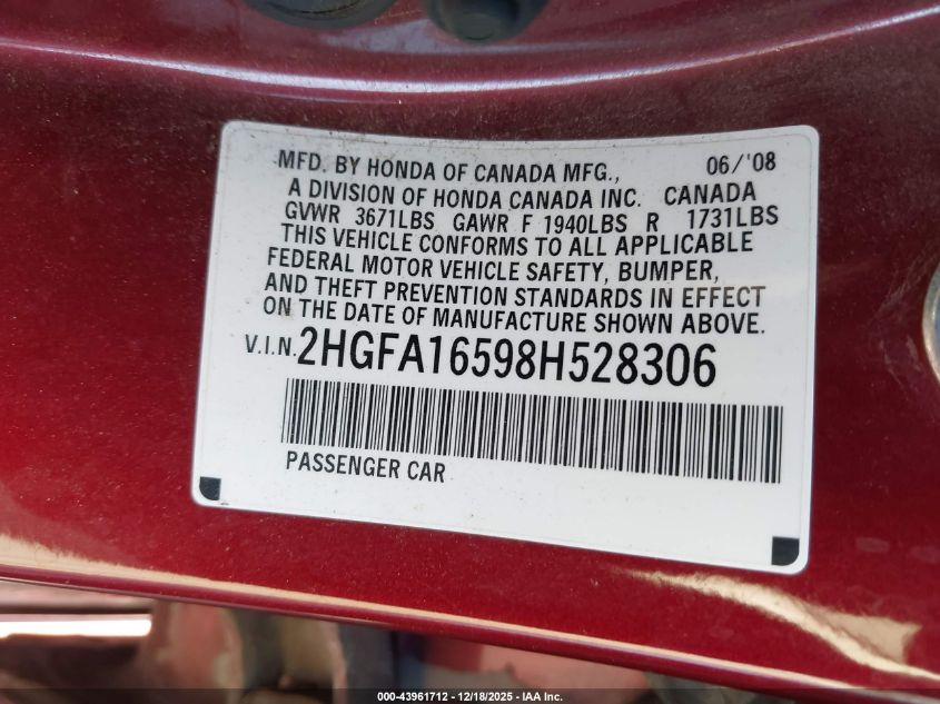 2008 Honda Civic Lx VIN: 2HGFA16598H528306 Lot: 43961712