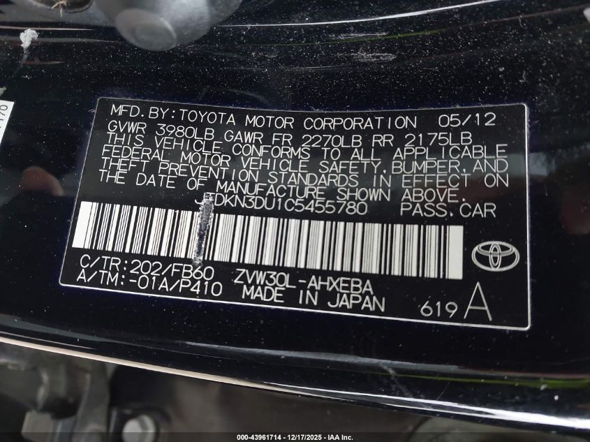 2012 Toyota Prius Two VIN: JTDKN3DU1C5455780 Lot: 43961714