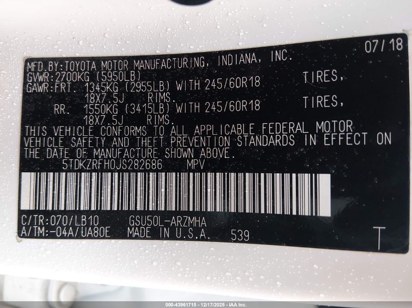 2018 Toyota Highlander Xle VIN: 5TDKZRFH0JS282686 Lot: 43961715