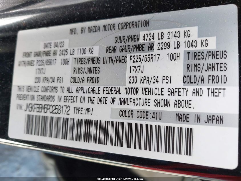 2023 Mazda Cx-5 2.5 S Select VIN: JM3KFBBM6P0258172 Lot: 43961718