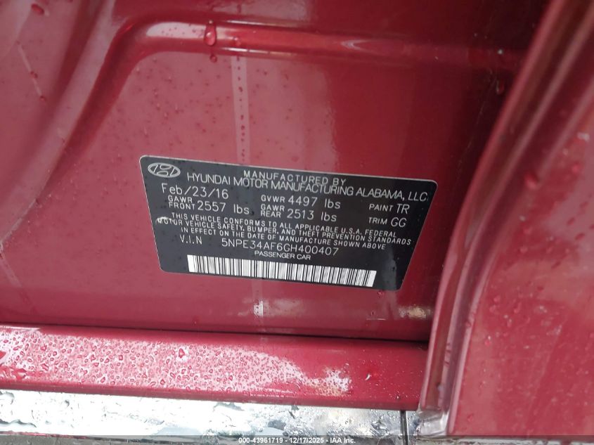 2016 Hyundai Sonata Sport VIN: 5NPE34AF6GH400407 Lot: 43961719
