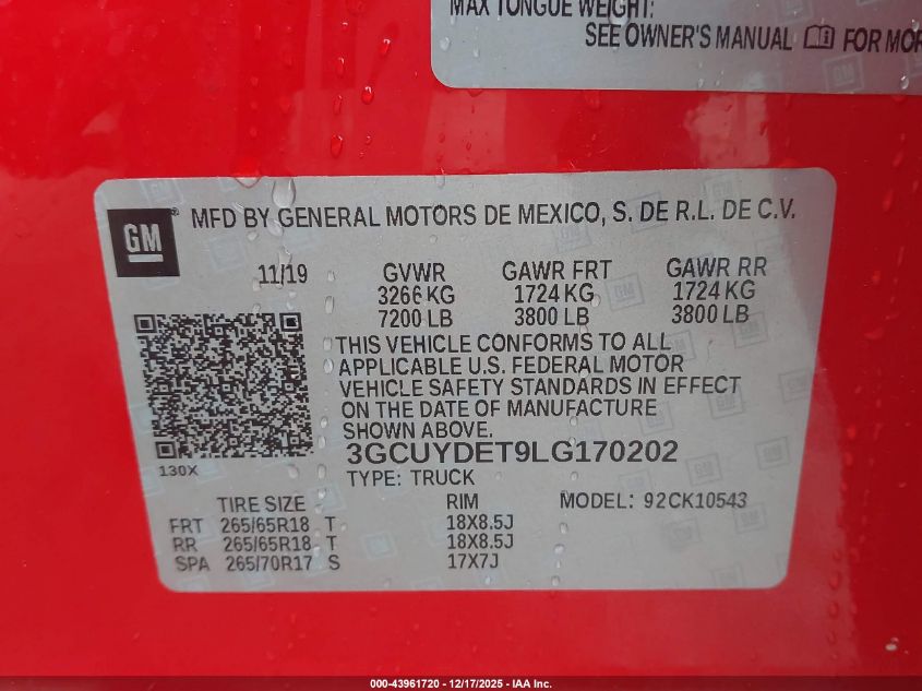 2020 Chevrolet Silverado 1500 4Wd Short Bed Lt VIN: 3GCUYDET9LG170202 Lot: 43961720