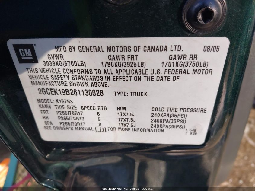 2006 Chevrolet Silverado 1500 Lt2 VIN: 2GCEK19B261130028 Lot: 43961722