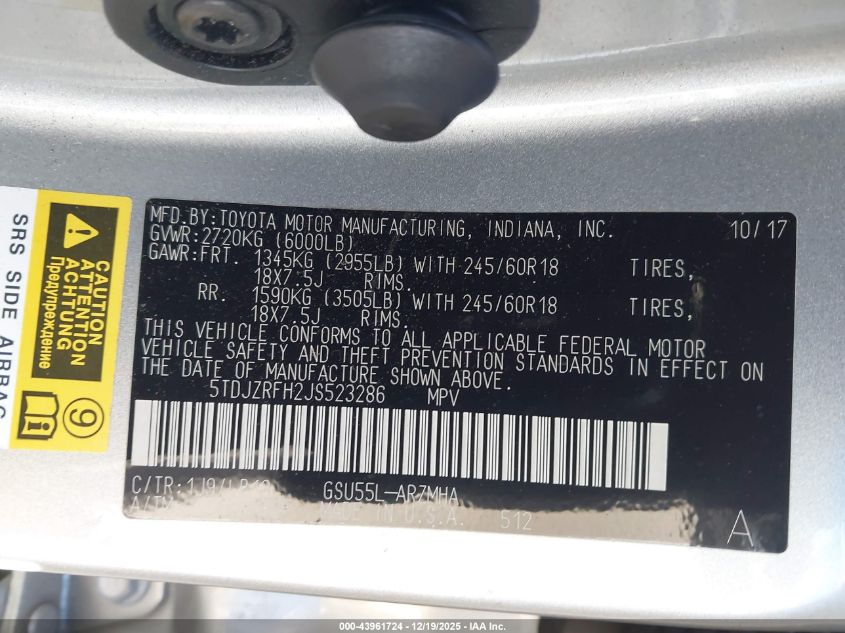 2018 Toyota Highlander Xle VIN: 5TDJZRFH2JS523286 Lot: 43961724