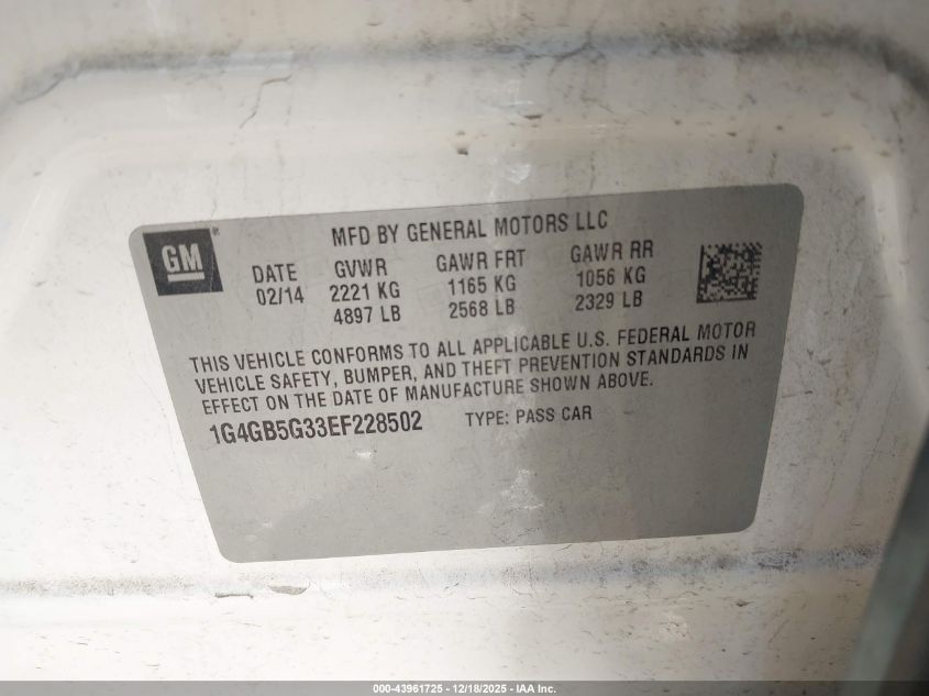 2014 Buick Lacrosse Leather Group VIN: 1G4GB5G33EF228502 Lot: 43961725