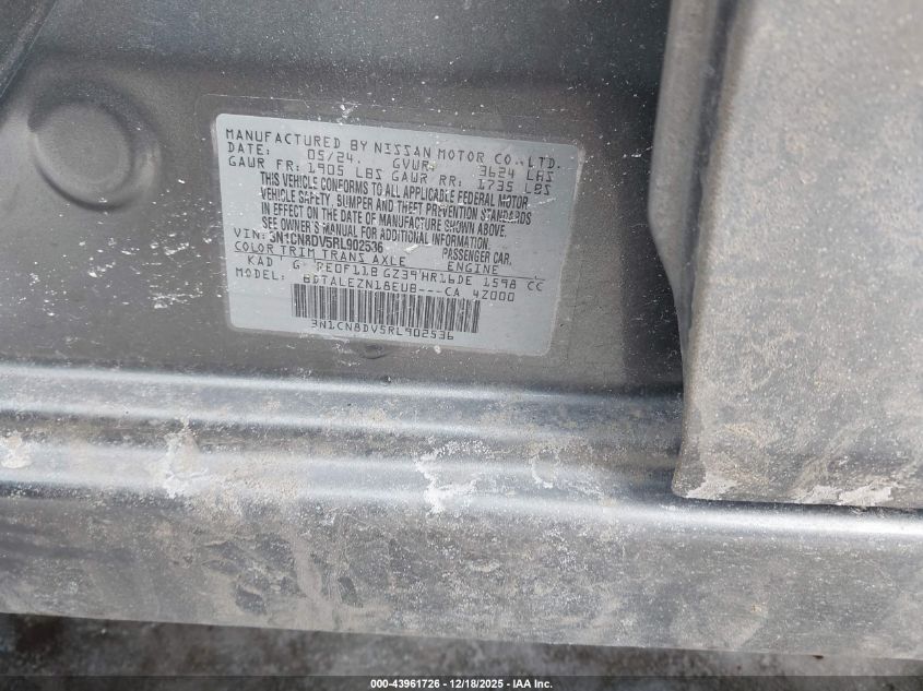 2024 Nissan Versa 1.6 S VIN: 3N1CN8DV5RL902536 Lot: 43961726