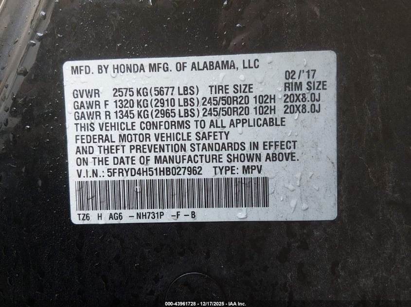 2017 Acura Mdx Technology Package VIN: 5FRYD4H51HB027962 Lot: 43961728