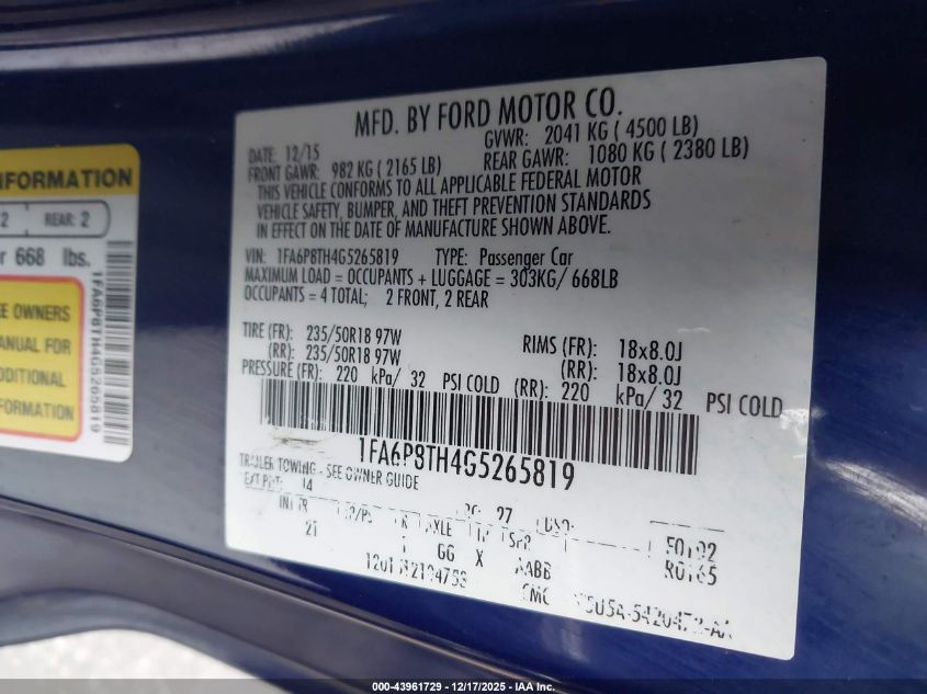 2016 Ford Mustang Ecoboost VIN: 1FA6P8TH4G5265819 Lot: 43961729