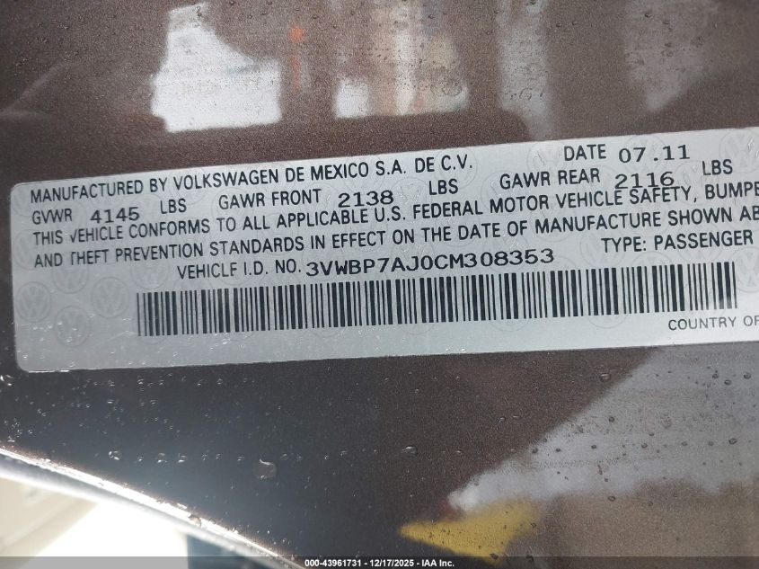 2012 Volkswagen Jetta 2.5L Se VIN: 3VWBP7AJ0CM308353 Lot: 43961731
