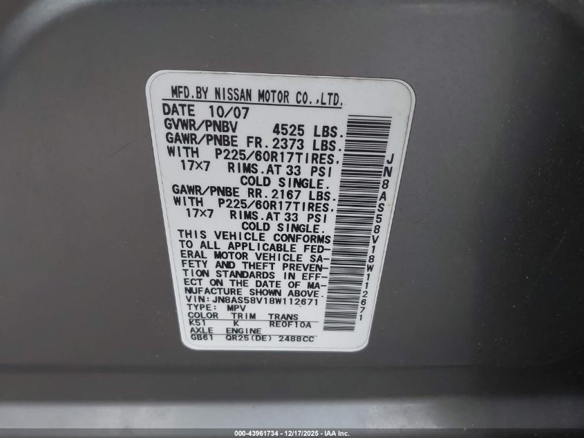 2008 Nissan Rogue Sl VIN: JN8AS58V18W112671 Lot: 43961734