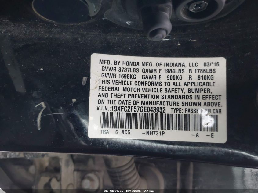 2016 Honda Civic Lx VIN: 19XFC2F57GE043932 Lot: 43961735