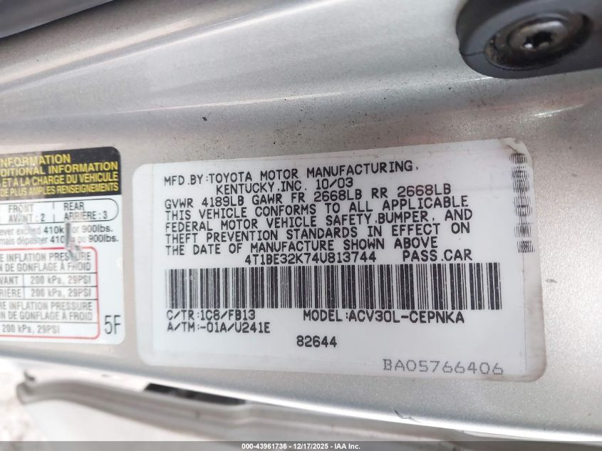 2004 Toyota Camry Le VIN: 4T1BE32K74U813744 Lot: 43961736