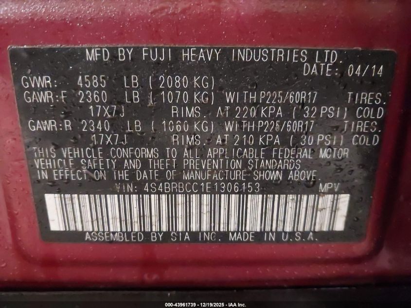 2014 Subaru Outback 2.5I Premium VIN: 4S4BRBCC1E1306153 Lot: 43961739