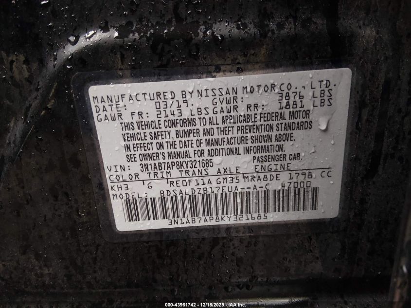 2019 Nissan Sentra Sv VIN: 3N1AB7AP8KY321685 Lot: 43961742