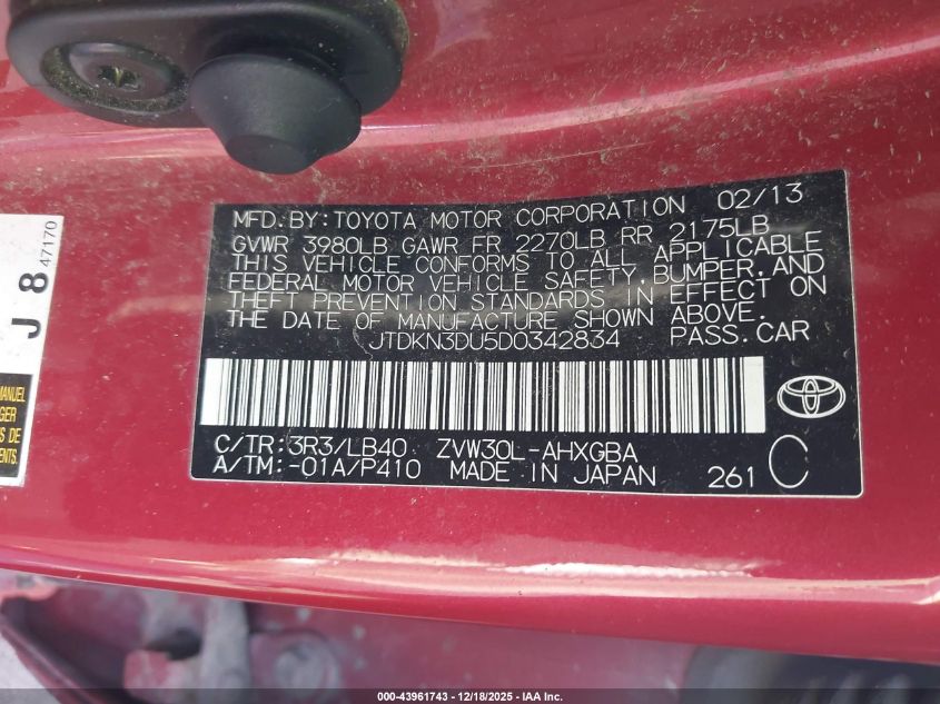 2013 Toyota Prius Four VIN: JTDKN3DU5D0342834 Lot: 43961743