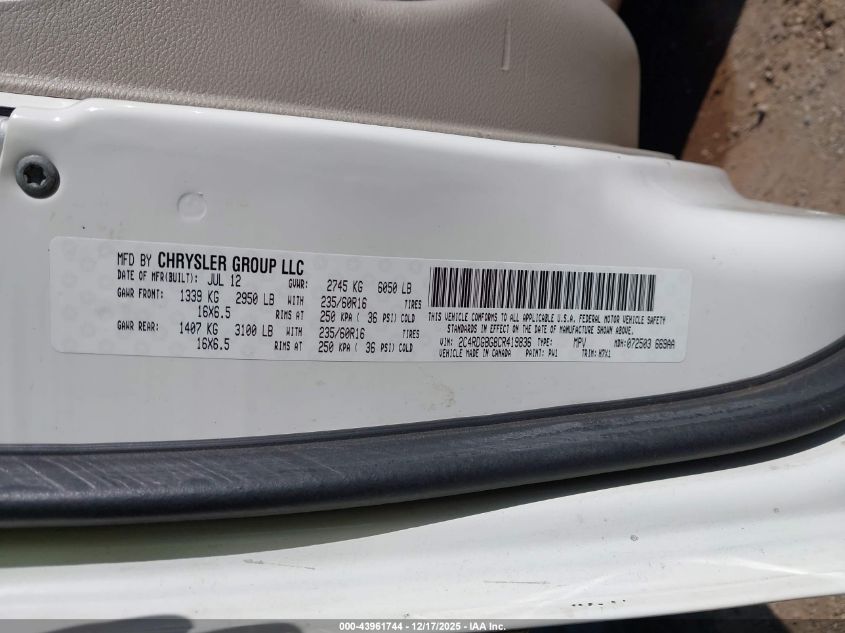 2012 Dodge Grand Caravan Se/Avp VIN: 2C4RDGBG8CR419836 Lot: 43961744