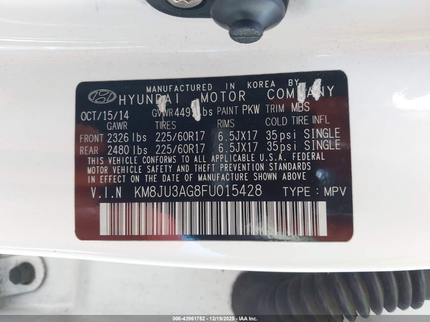 2015 Hyundai Tucson Se VIN: KM8JU3AG8FU015428 Lot: 43961752