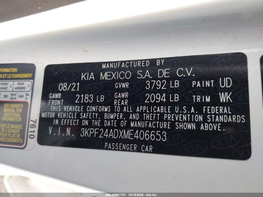 2021 Kia Forte Lxs VIN: 3KPF24ADXME406653 Lot: 43961753