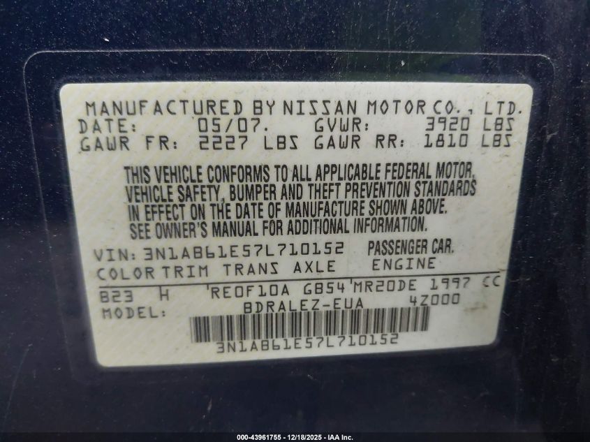 2007 Nissan Sentra 2.0S VIN: 3N1AB61E57L710152 Lot: 43961755