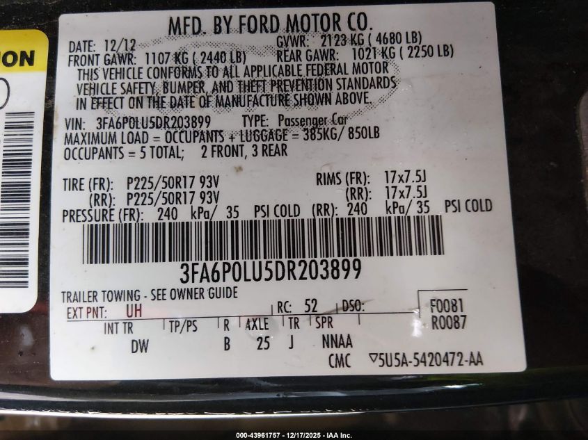 2013 Ford Fusion Hybrid Se VIN: 3FA6P0LU5DR203899 Lot: 43961757