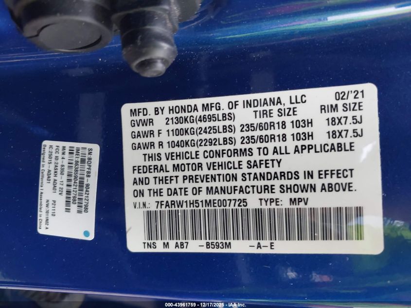 2021 Honda Cr-V 2Wd Ex VIN: 7FARW1H51ME007725 Lot: 43961759