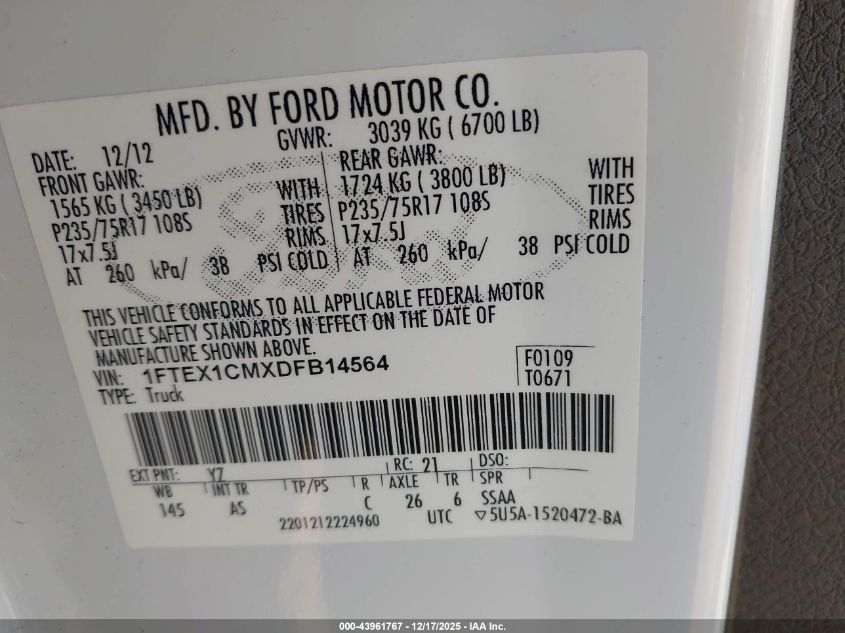 2013 Ford F-150 Xl VIN: 1FTEX1CMXDFB14564 Lot: 43961767