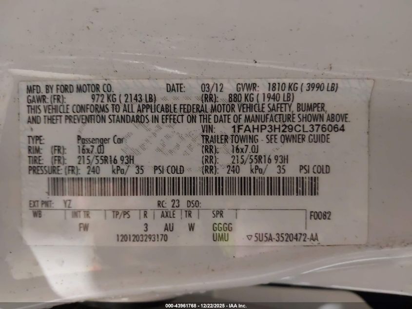 2012 Ford Focus Sel VIN: 1FAHP3H29CL376064 Lot: 43961768