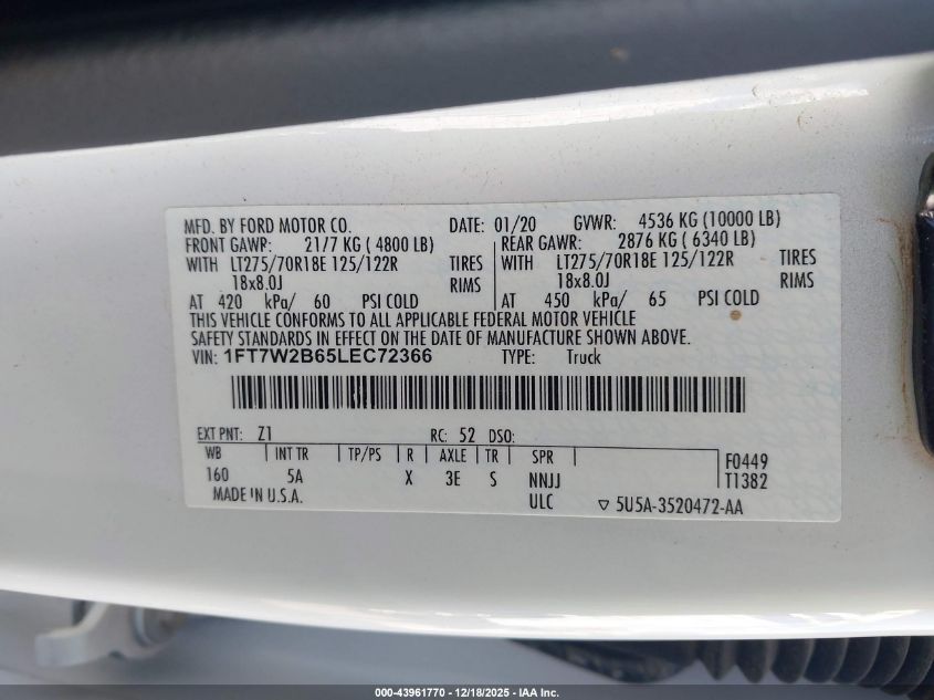 2020 Ford F-250 Lariat VIN: 1FT7W2B65LEC72366 Lot: 43961770