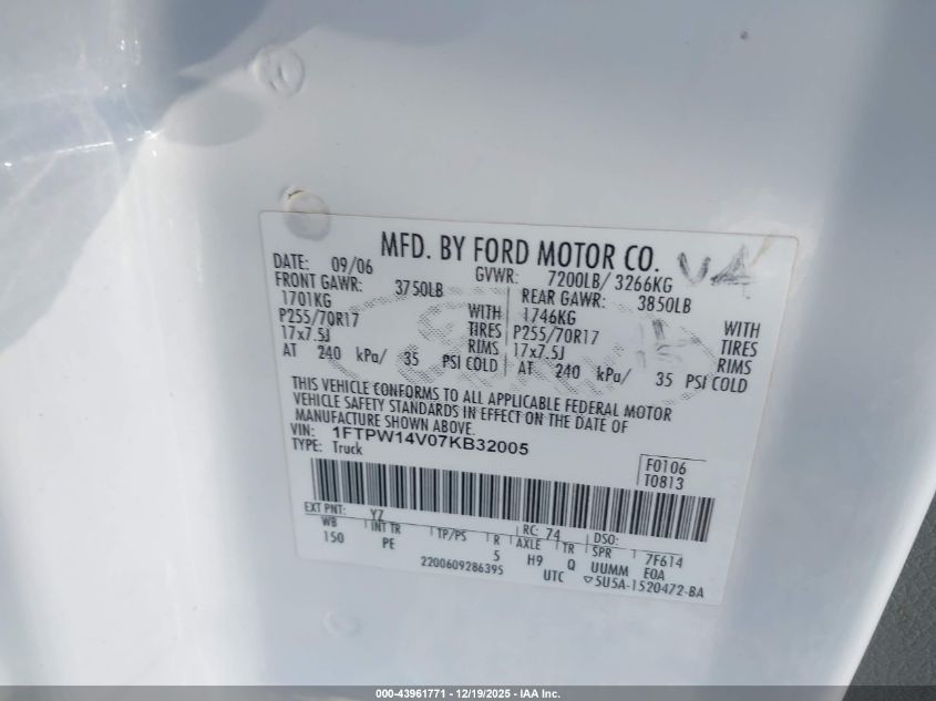 2007 Ford F-150 Fx4/Lariat/Xlt VIN: 1FTPW14V07KB32005 Lot: 43961771