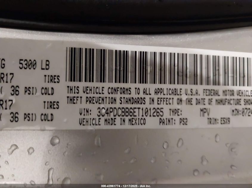 2014 Dodge Journey Sxt VIN: 3C4PDCBB6ET101265 Lot: 43961774