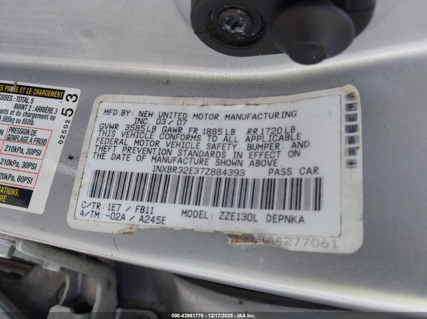 2007 Toyota Corolla Le VIN: 1NXBR32E37Z884393 Lot: 43961776